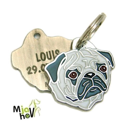 hundemarke mit gravur - mops silber.jpg Hundemarken MjavHov - Hundemarke, Hundemarken online, Hundemarken mit gravur, gravierte Hundemarken, Hundeanhänger, Anhänger mit gravur, Hundezubehöer, Rassen Hundemarke, Tieranhänger